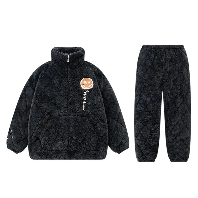 俏霓桐 青少年加厚加绒三层夹棉长袖长裤可外穿保暖睡衣套装 男款 图色