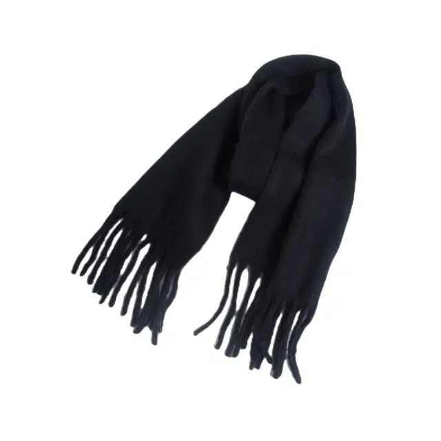 山一丸 冬季加厚圈圈纱粗须粗辫子流苏纯色黑色 绒线围巾 男女同款情侣款