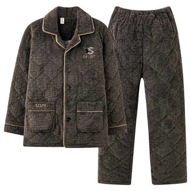 俏薇妮 简约纯色时尚柔软开衫翻领高级感三层夹棉保暖加厚加绒珊瑚绒休闲舒适可外穿家居服秋冬睡衣套装 男款 褐色