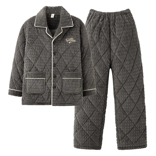 俏薇妮 简约纯色柔软开衫翻领格子高级感三层夹棉保暖加厚加绒牛奶绒法兰绒珊瑚绒休闲舒适可外穿睡衣套装 男款 灰色