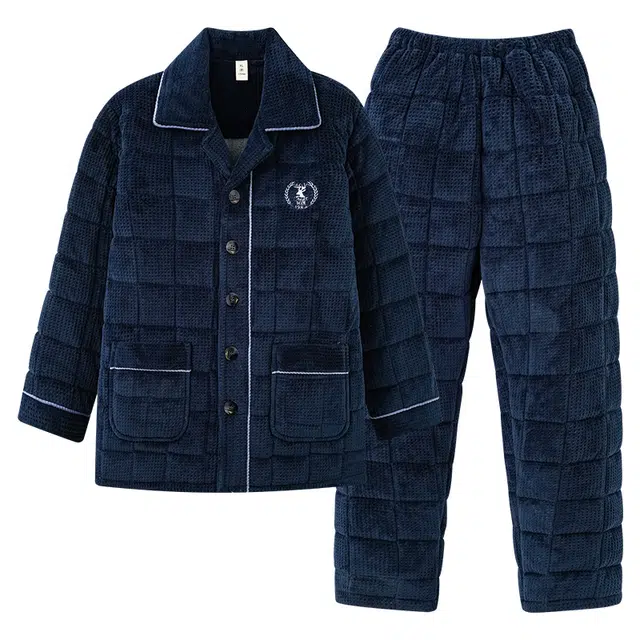 俏薇妮 简约纯色时尚柔软格子开衫翻领高级感睡衣套装 男款 蓝色