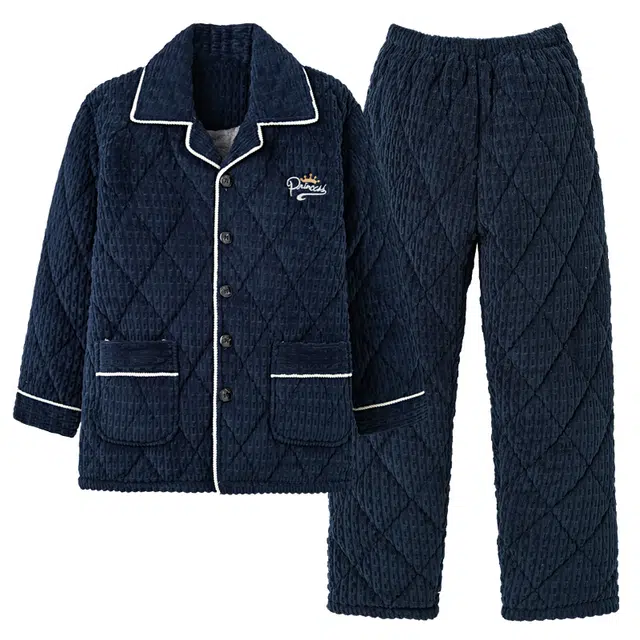 俏薇妮 简约纯色柔软开衫翻领格子高级感三层夹棉保暖加厚加绒牛奶绒法兰绒珊瑚绒休闲舒适长袖长裤可外穿睡衣套装 男款 蓝色