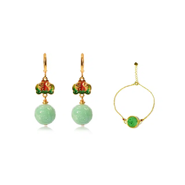 龙弗 万事兴隆多福多寿翡翠高级感两件套国风珐琅彩小众设计复古民族风 豆种 手链 女款