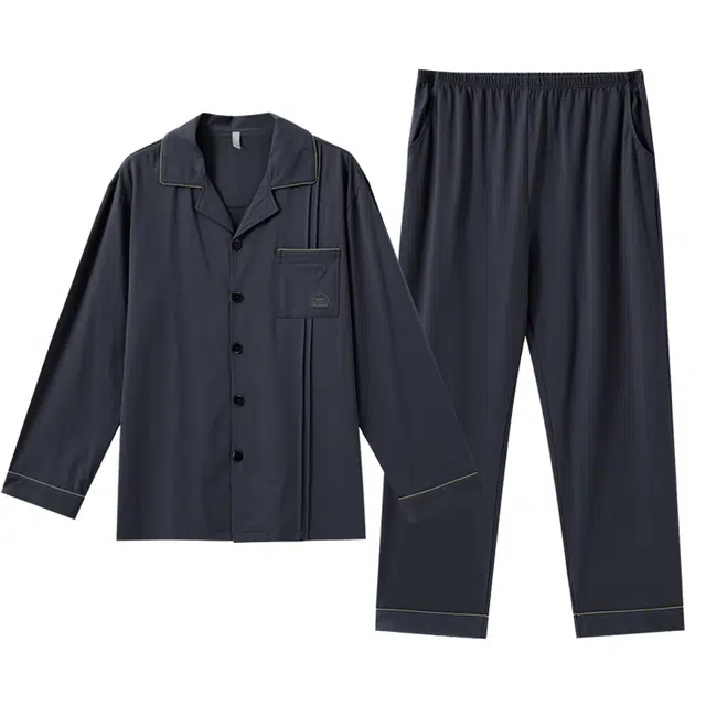 好福份 翻领开衫简约纯棉排汗透气时尚可外穿高级感家居服长袖长裤睡衣套装 男款 图片色