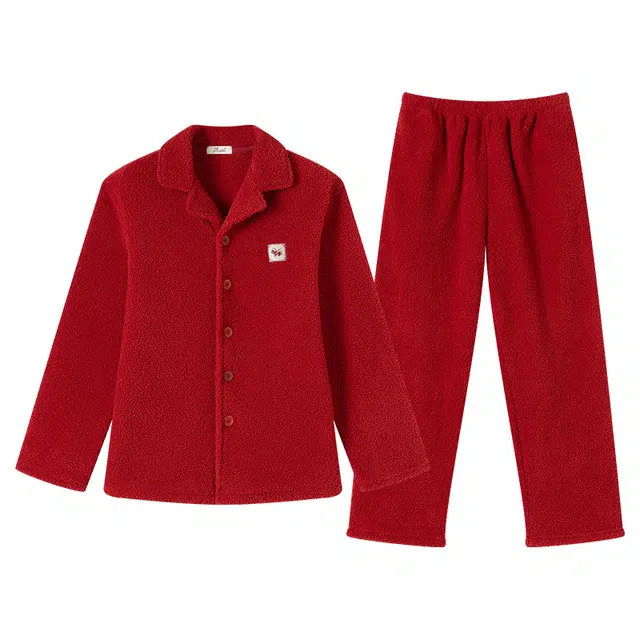 顶瓜瓜 新年红品款 米粒绒时尚耐看高级有质感传统蓬松柔软亲肤细腻保暖舒适可外穿长袖睡衣套装 男款 釉红色