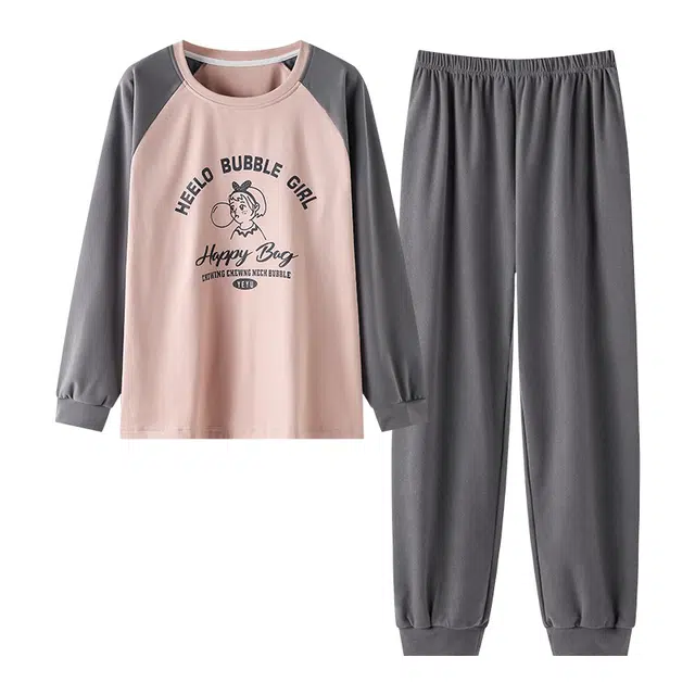 卡绚 舒适柔软字母德绒加厚长袖长裤可外穿保暖可爱简约套头圆领睡衣套装 女款 图色