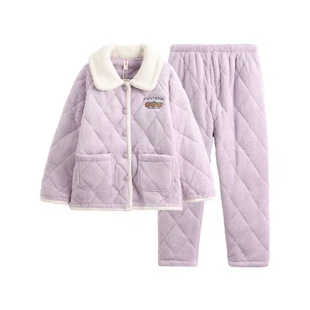 芬腾 加厚抗静电保暖长袖长裤睡衣套装 女款 香芋紫