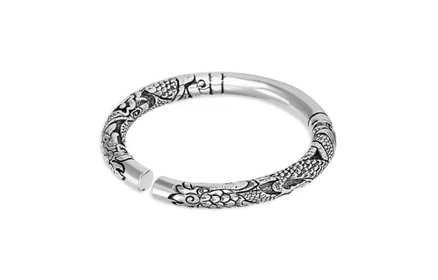 尚银福 双龙抱柱 国潮复古做旧中式民族风简约小众设计高级感 立体十二生肖龙双响龙纹开口手饰 好运 合金 手镯 男款