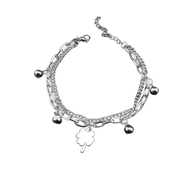 前方大荒野 幸运四叶草双层叠戴手饰好运草森系日韩潮流甜美可爱时尚简约小众设计创意日常百搭极简轻奢高级感精致气质 合金 手链 女款