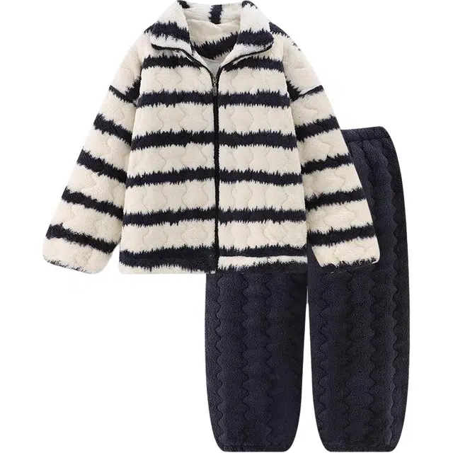 俏霓桐 三层夹棉保暖蓄温柔软加厚条纹长袖长裤可外穿睡衣套装 男款 图色