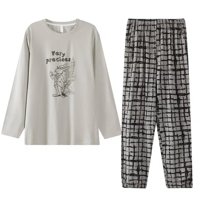 好福份 圆领舒适格子简约高级感透气可外穿长袖长裤睡衣套装 男女同款 图片色