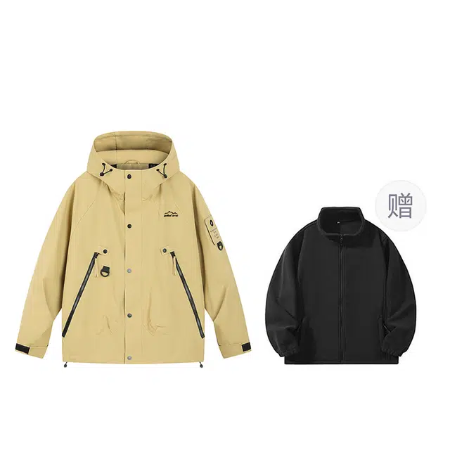 雅鹿  美式高街户外山系机能风多拉链舒适休闲宽松百搭长袖连帽可拆卸抓绒内胆三合一  防水防风耐磨冲锋衣 男女同款 黑色
