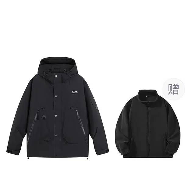 雅鹿  美式高街户外山系机能风多拉链舒适休闲宽松百搭长袖连帽可拆卸抓绒内胆三合一  防水防风耐磨冲锋衣 男女同款 黑色