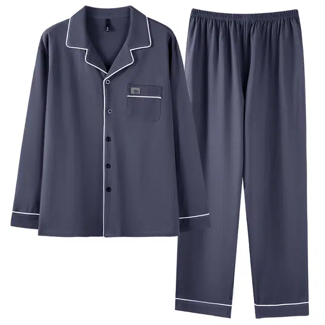 夏芬妍 简约优雅舒适贴袋翻领带胸垫开衫家居服休闲长袖长裤可外穿睡衣礼盒 男款 藏青色