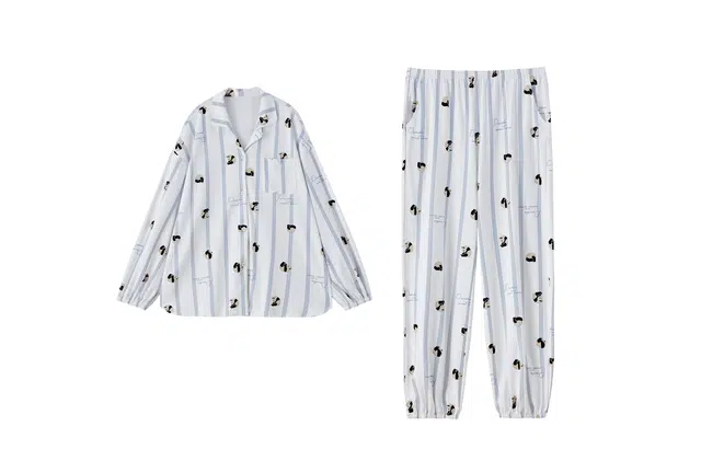 俏薇妮 简约时尚小熊图案高级感翻领休闲宽松舒适可外穿睡衣套装 女款 米白色