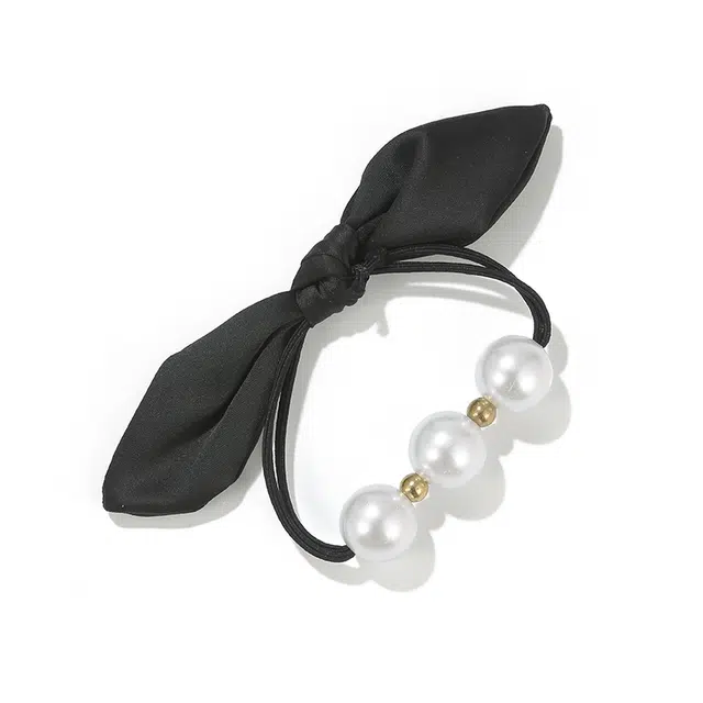 如花梦 韩国黑色蝴蝶结珍珠高弹力橡皮筋扎头发 布艺 头绳 女款