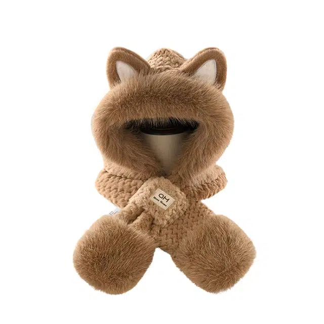 【冬季必备】 浪莎 可爱狐狸耳朵毛绒帽子围巾一体女生冬季保暖加绒骑车护颈围脖 涤纶 绒线帽 女款