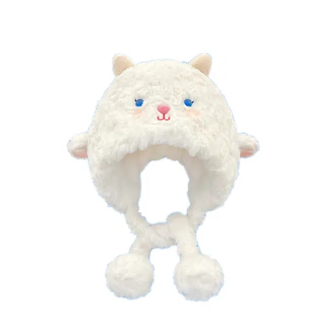 浪莎 可爱卡通小羊毛绒帽子冬季毛茸茸显脸小护耳帽保暖 涤纶 绒线帽 女款