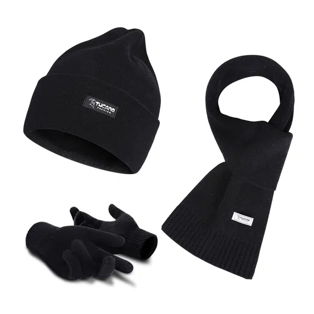 啄木鸟 秋冬保暖三件套装羊毛针织骑车防风防寒简约时尚高弹 绒线围巾 男女同款情侣款