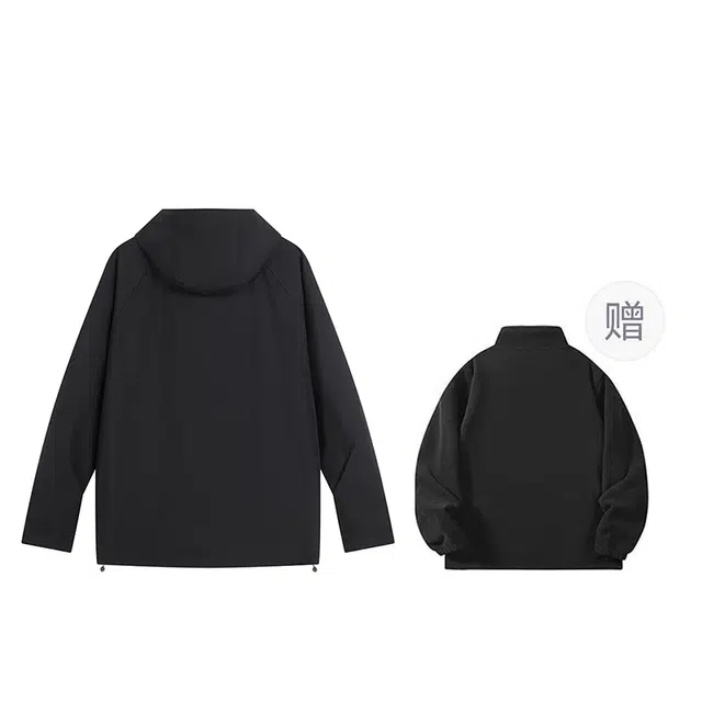 雅鹿  美式高街户外山系机能风多拉链舒适休闲宽松百搭长袖连帽可拆卸抓绒内胆三合一  防水防风耐磨冲锋衣 男女同款 黑色