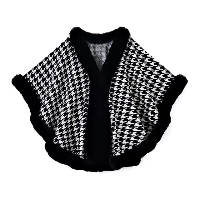 浪莎 秋冬加绒加厚保暖斗篷仿獭兔毛超大毛领千鸟格毛披肩围巾斗篷外套女款披风 披肩 女款