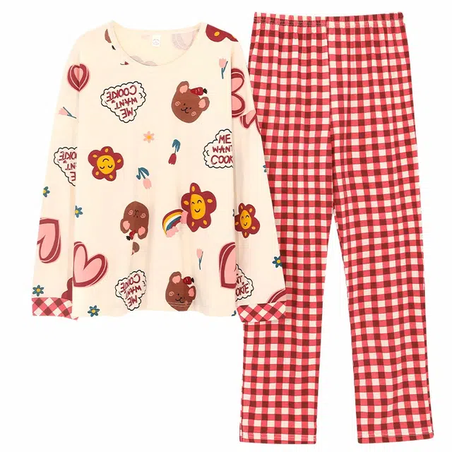 俏佳人 满印休闲舒适亲肤长裤可外穿睡衣套装 女款 爱心红花