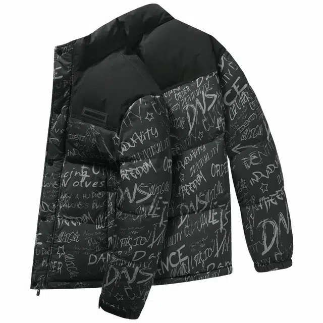 与狼共舞 高充绒防风保暖休闲时尚涂鸦印花立领羽绒服 男款 黑色