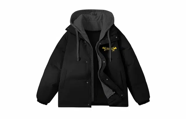 金贝勒 涂鸦字母印花连帽宽松落肩拉链长袖加厚面包假两件羽绒服 男女同款