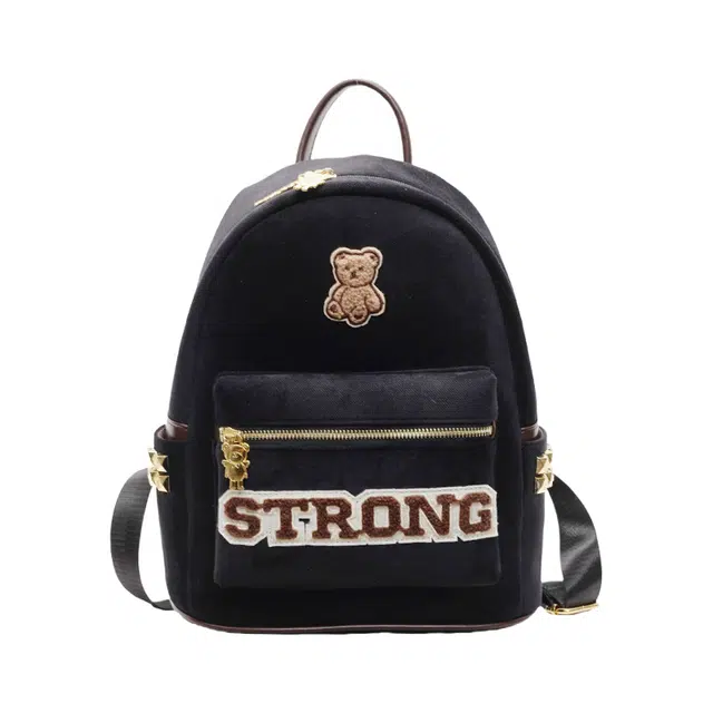 轩玺 高颜值小熊设计感上课通勤 帆布 帆布包双肩包 大号 男女同款情侣款 黑色/卡其色/咖色