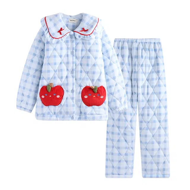 侘町 三层夹棉柔软透气亲肤睡衣套装 女款 蓝白色