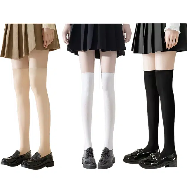 浪莎 女士高筒袜纯色系列空调护膝简约时尚百搭舒适透气高筒袜过膝袜 女款