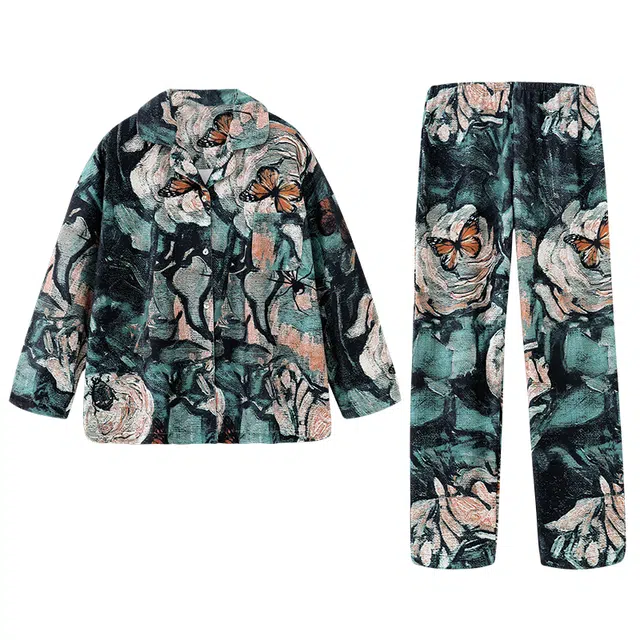 好福份 德绒开衫保暖翻领舒适简约长袖长裤睡衣套装 男款 图片色