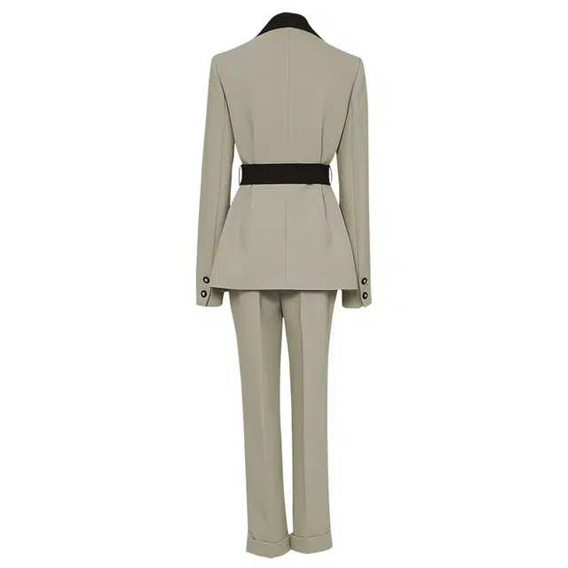达菲时尚 不对称拼色收腰系带西装长袖拼色直筒长裤休闲套装 女款 路考茶