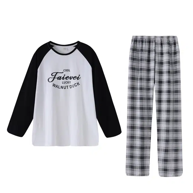 好福份 纯色舒适透气可外穿简约长袖长裤睡衣套装 男款 图片色