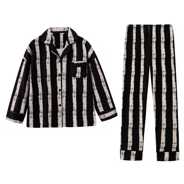 好福份 德绒开衫保暖翻领简约长袖长裤睡衣套装 男款 图片色