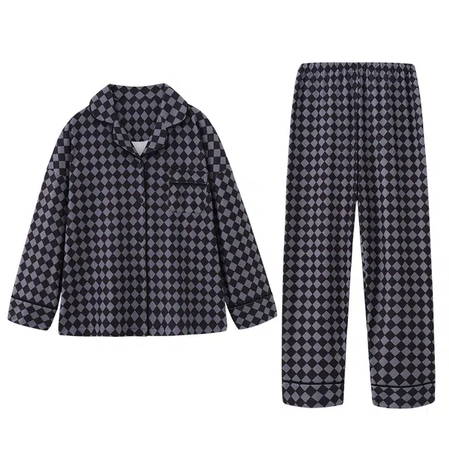 好福份 德绒开衫翻领简约保暖长袖长裤睡衣套装 男款 图片色