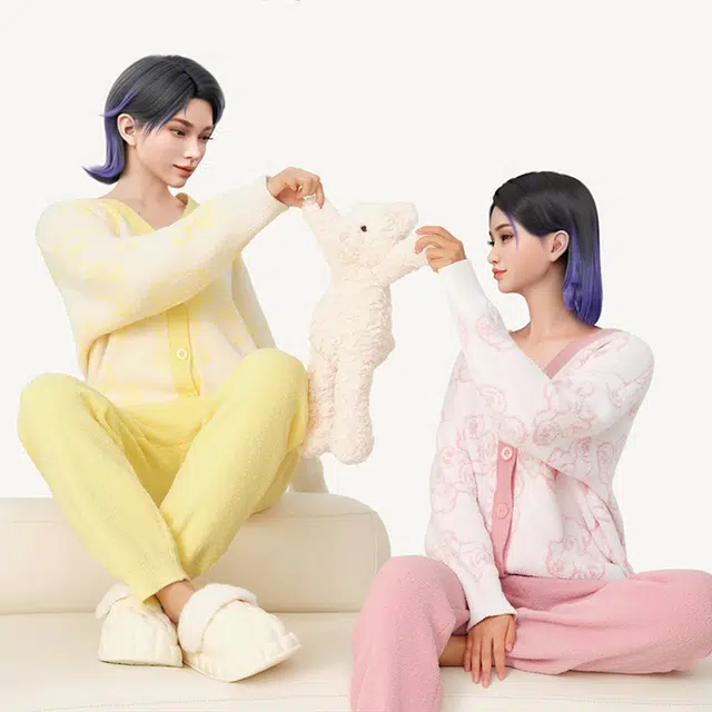 螃蟹秘密 宅美美系列  女士暖熊保暖休闲半边绒开襟防静电居家保暖休闲 家居套装  女款