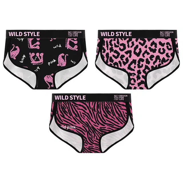 莫代尔 冰丝卡通黑粉豹纹潮流印花少女宽松透气舒适抗菌运动中腰三角裤内裤 女款 组合装 图片色
