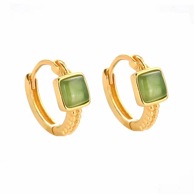 小银匠 碧色方糖麦穗耳扣新中式耳饰民族风复古气质国潮百搭古风 耳环 碧玉 女款