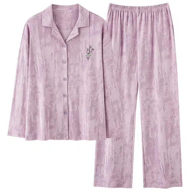 夏芬妍 休闲舒适简约高级感花朵刺绣经典翻领开衫家居服宽松柔软亲肤长袖长裤可外穿睡衣套装 女款 紫色