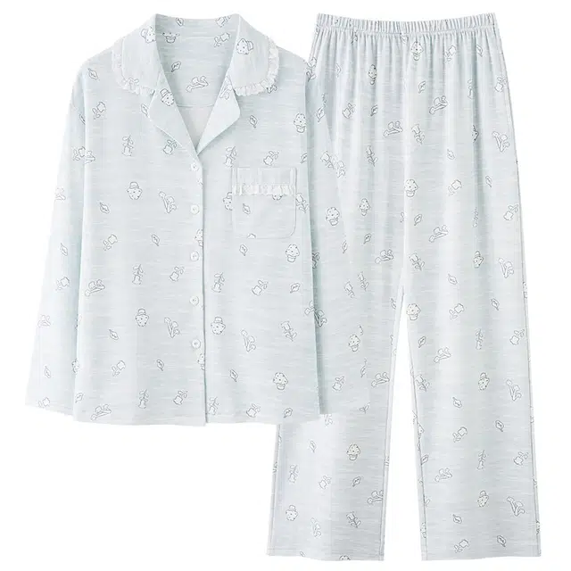 夏芬妍 休闲舒适简约高级感蘑菇花朵印花经典翻领开衫家居服宽松柔软亲肤长袖长裤可外穿睡衣套装 女款 蓝色