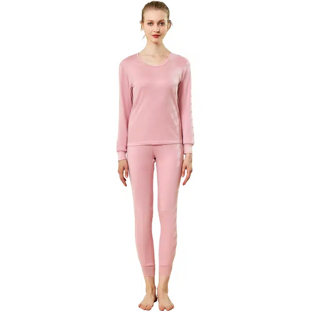 浪莎 纯色圆领套头休闲长袖上衣松紧腰无痕修身长裤保暖套装 女款