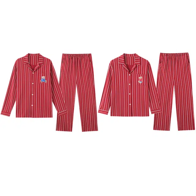 好福份 可爱小熊条纹简约透气排汗可外穿休闲长袖长裤睡衣套装 男女同款 图片色