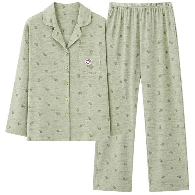 夏芬妍 休闲舒适简约高级感花朵满印经典翻领开衫家居服宽松柔软亲肤长袖长裤可外穿睡衣套装 女款 绿色