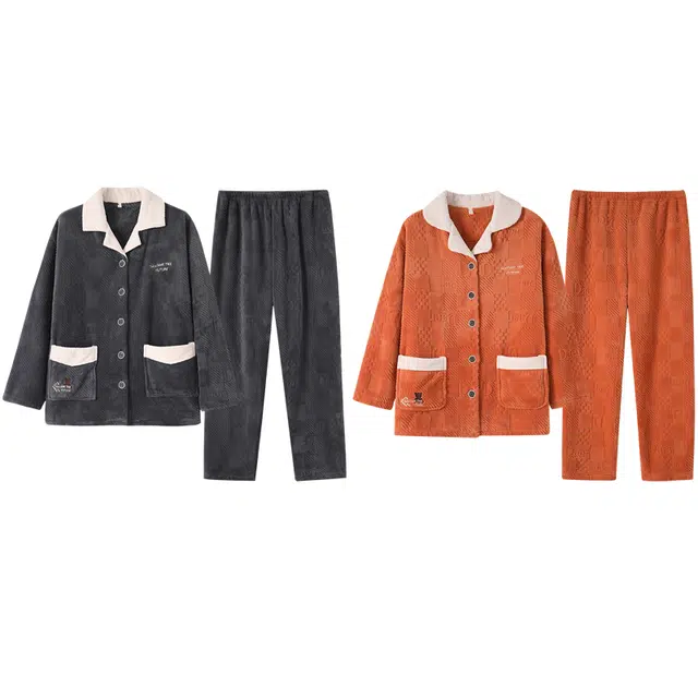 好福份 翻领带口袋保暖简约开衫可外穿家居服睡衣套装 男女同款