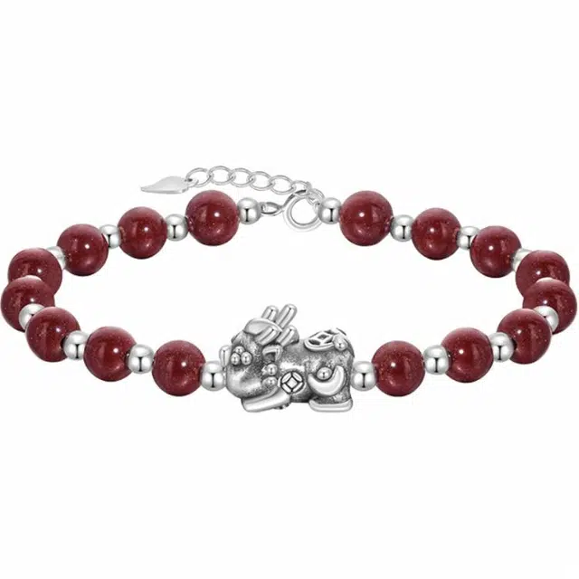 奥斯坦汀 貔貅复古转运吞金兽 再造辰砂朱砂 玉石手链 男女同款情侣款