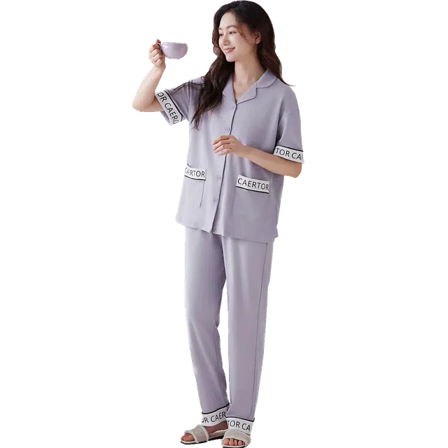 欧迪芬 轻弹亲肤透气薄款短袖长裤家居服可外穿睡衣套装 女款 紫色