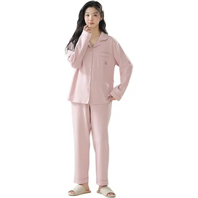 北极绒 翻领简约舒适纯色长袖长裤睡衣套装 女款 粉色