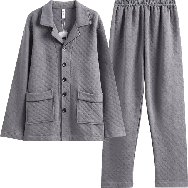 芬腾 简约纯色翻领长袖长裤宽松大码睡衣套装 男