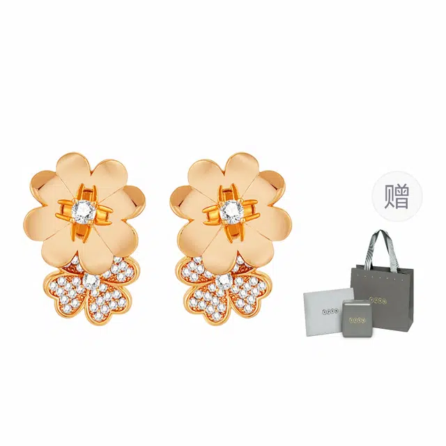 双生四叶草造型 一撇一捺 简洁精致名媛小香风 合金 耳钉 女款 玫瑰金色